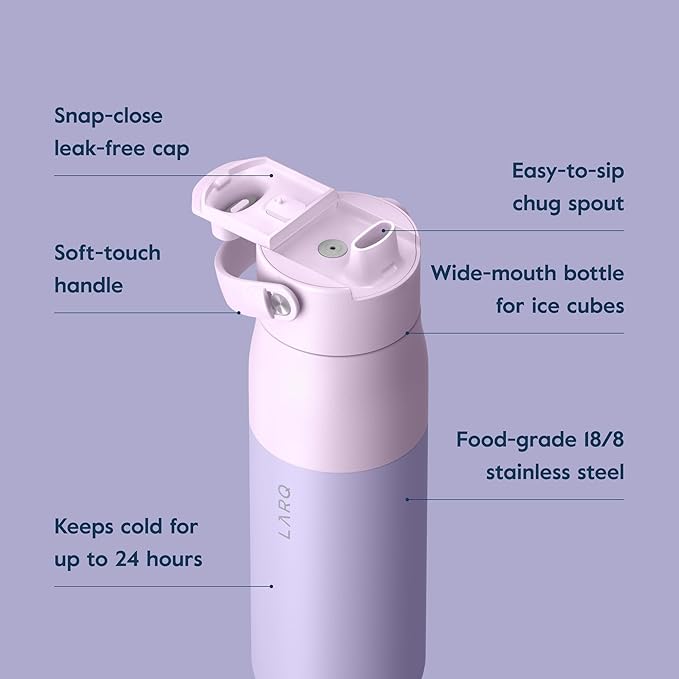 LARQ Bottle Swig Top 23oz - Insulated Stainless Steel Water Bottle With Built-In Silicone Handle | BPA Free | Reusable Water Bottle for Sports, Gym, and Travel, Luberon Lavender