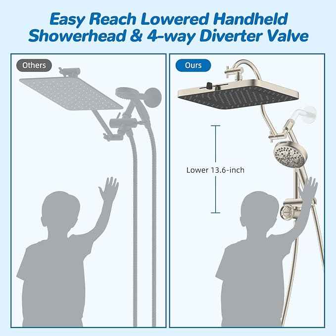 Hibbent cUPC Certified 13'' Shower Head Combo, High Pressure 5 Spray Rainfall Showerhead, 10 Spray Handheld, All Metal Easy Reach 4-way Diverter Arm with Pause Mode, 71'' Hose & Holder, Brushed Nickel