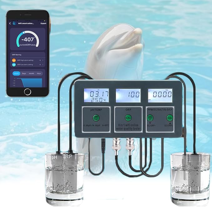 Smart Water Quality Detector, Data Logger Temp TDS Salinity S.G. EC ORP Water Tester Monitor Analyzer, Aquarium Water Quality Tester Digital Meter, WiFi PH Meter, for Aquariums Pools Hydroponics
