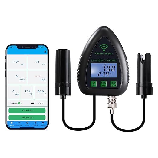 Smart Water Quality Tester 5 in 1 pH TDS SG Temp Salinity Tester WiFi Water Quality Meter Data Logger pH Tester TDS Tester Remote Monitor Alarm Notification and Record for Aquarium Hydroponics Pond
