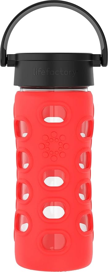 Lifefactory 12-Ounce BPA-Free Glass Water Bottle with Classic Cap and Protective Silicone Sleeve, Apple Red
