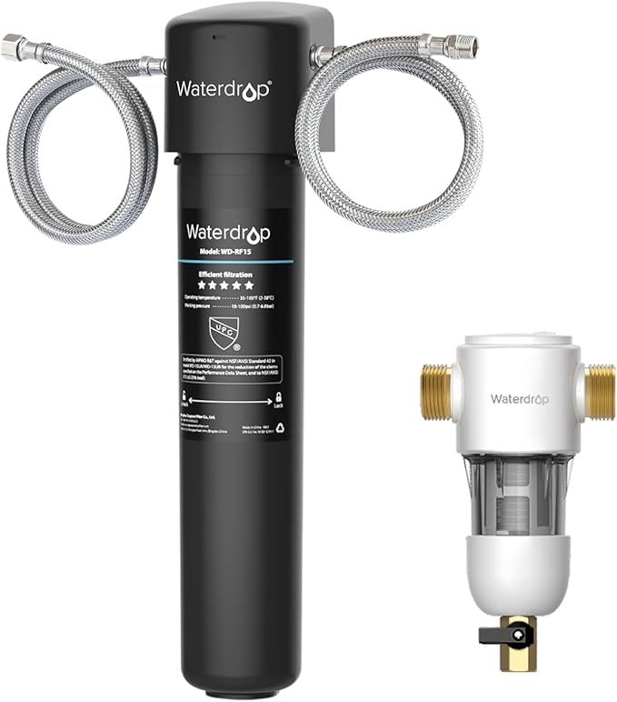 Waterdrop 15UA Under Sink Water Filter System, Under Counter Water Filter Direct Connect to Kitchen Faucet, and Waterdrop Spin Down Sediment Filter, Reusable Whole House Water Filter System 50 Micron