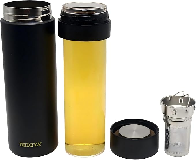 15oz Stainless Steel Vacuum Insulated Water Bottle with glass liner inside,glass lined thermos with Infuser for Hot and Cold drink -Leakproof Travel Mug with Filter (Black,with Tea infuser)