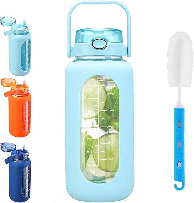 SIEROZUR 64 oz Glass Water Bottle with Straw and Handle Lid Half Gallon Motivational Glass Bottle with Silicone Sleeve and Time Marker Large Reusable Sports Water Jug for Gym Home Workout