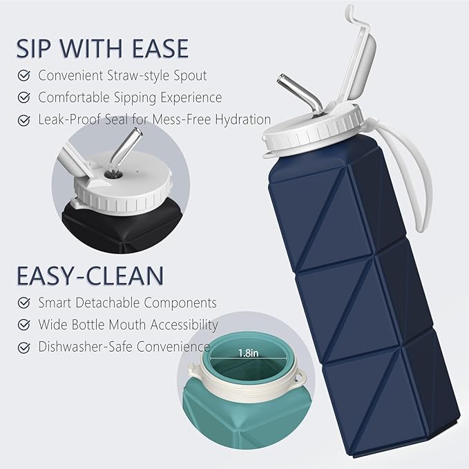 BEAUTAIL Collapsible Water Bottles with Straw 20.6oz, Silicone Foldable Portable Water Bottle, BPA-Free, Leakproof Reusable for Travel Camping Hiking Cycling Yoga Sports, 1 Pack (Dark Blue)