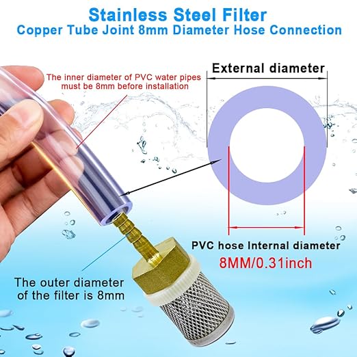 Stainless Steel Filter Copper Tube Joint 8mm Diameter Hose Connection, Garden, Swimming Pool, Fish Tank Hose Filter, Suction Strainers Used to Remove Debris and Reduce Solid Entry(8mm)