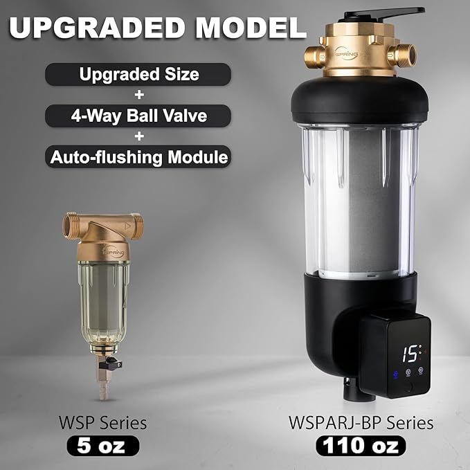iSpring WSP500ARJ-BP, NSF Certified, Whole House Spin-Down Sediment Water Filter with Bypass, Clear Housing, Jumbo Size, Flushable and Reusable, Touch-Screen Auto Flushing, 4 Modes, 500 Microns
