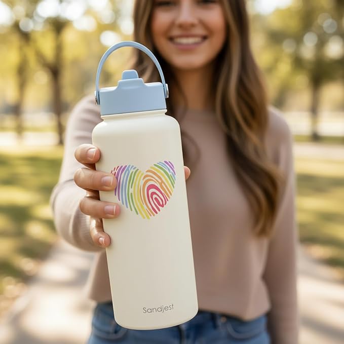 Pride Water Bottle Stainless Steel 32oz with Lid & Straw, Rainbow Insulated Bottles Gifts for Women Men LGBT Month Christmas Birthday LGBT Awareness Month