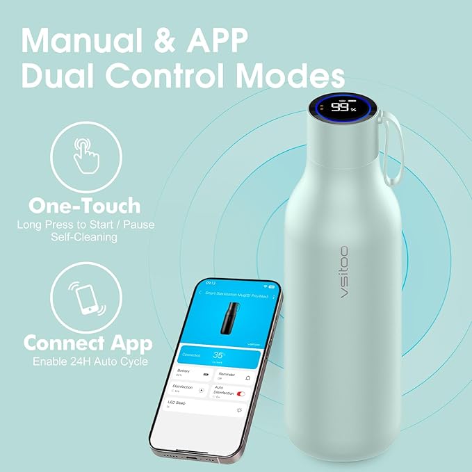 VSITOO 33oz Smart Self Cleaning Water Bottle，Insulated Water Bottle with Stainless Steel, BPA-Free, AI Self-Clean, 30-Day Battery, Magnetic Charging for Travel, Gym or Office, Blue