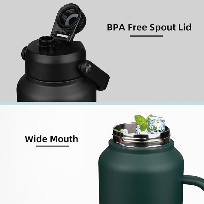 BJPKPK 1 Gallon Water Bottle with Handle, Large Dishwasher Safe 128oz Insulated Water Bottle, BPA Free Water Jug, Wide Mouth Metal Flasks with Anti-slip Bottom, Army Green & Black