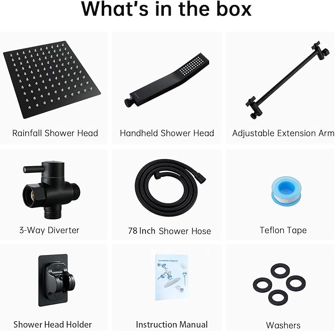 All Metal 12'' Rain/Rainfall Shower Head with Handheld Spray Combo, High Pressure Square Shower Head with 13'' Extension Arm, Dual Black Shower Heads with 78'' Hose, Waterfall Showerhead, BELLEARLY