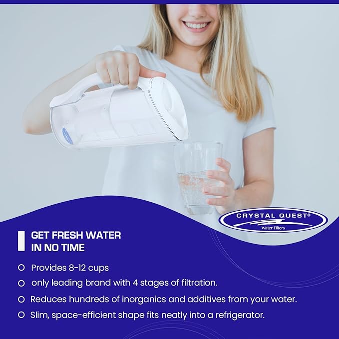 Crystal Quest Water Filter Pitcher - 12-Cup Capacity, 6-Stage Filtration, Includes 1 Long-Life Filter, BPA Free, Meets NSF Standard 42 - Filter Upto 2000 Gallons - Standard (Smart)/White