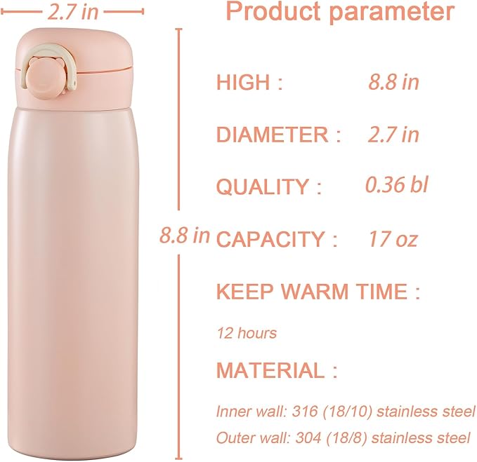 17 oz Mini Water Bottle Small Stainless Steel Thermoses - Insulated Vacuum, Leak Proof, Keeps Drinks Hot/Cold - Ideal for Coffee, beverage, Water - Pink
