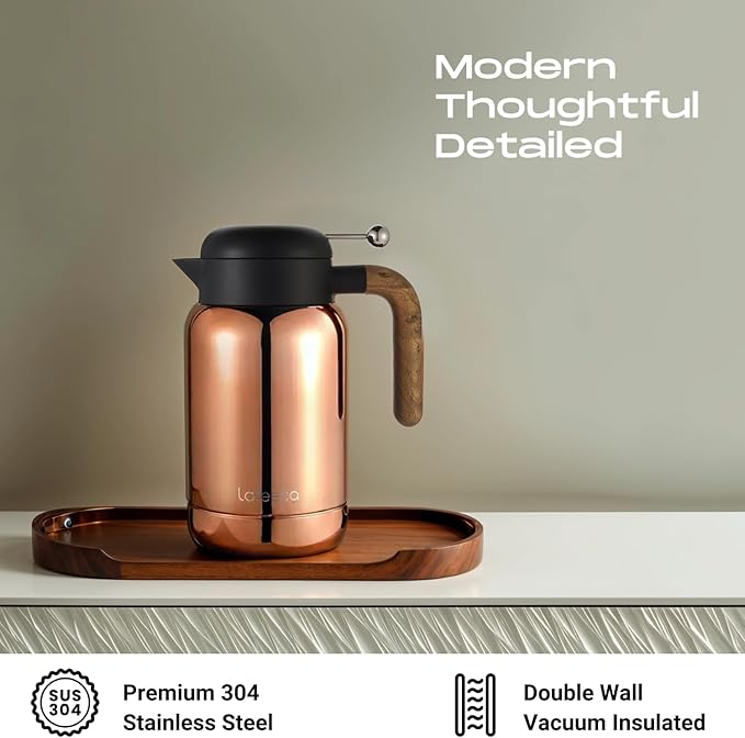 Aura Thermal Coffee Carafe - Vacuum Insulated Stainless Steel Tea Pot & Water Pitcher, Keeps Drinks Hot or Cold, BPA-Free, Beverage Dispenser Thermos - 51 oz Copper
