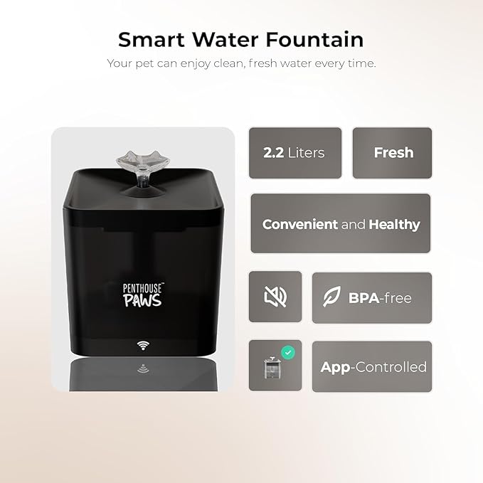 Penthouse Paws Smart Cat Water Fountain 2.2L, App Controlled Automatic Water Dispenser, Ultra Quiet Pump, 5-Stage Filter, Whisker Friendly Bowl, for Cat & Dog, Black