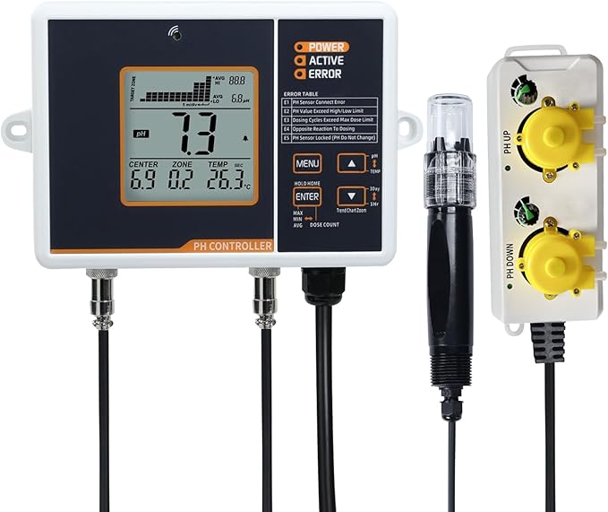 pH Controller with Dual Relay Output & Dosing Pump, Smart Digital pH Monitor pH Meter with Control pH Up and Down, Auto Temperature Compensation, Data Trend Display for Hydroponic System, Aquarium