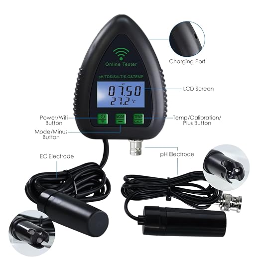 WiFi Water Quality Monitor 5-in-1 pH, S.G., TDS, Salt & Temperature Tester | 24/7 Online Hydroponic Monitoring with Data Logging & Alarms for Aquariums, Fish Ponds & Saltwater Pools