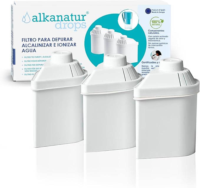 Alkanatur Filter Replacement for Pitcher (Pack of 3) - Removes Fluorides, Chlorine, Heavy Metals - Filters 400 liters of Tap Water - Replace After 3 Months - CE, ROHS, SGS Certified Water Filter