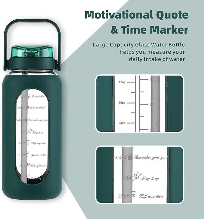 SIEROZUR 64 oz Glass Water Bottle with Straw and Handle Lid Half Gallon Motivational Glass Bottle with Silicone Sleeve and Time Marker Large Reusable Sports Water Jug for Gym Home Workout