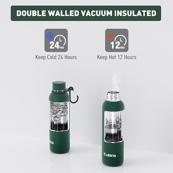 Exllena Slim Insulated Water Bottles for Travel 18oz with Clip, Double Wall Vacuum Stainless Steel Water Bottle Keeps Drinks Cold 24 Hrs/Hot 12 Hrs, 100% Leakproof, BPA Free(Emerald Green)