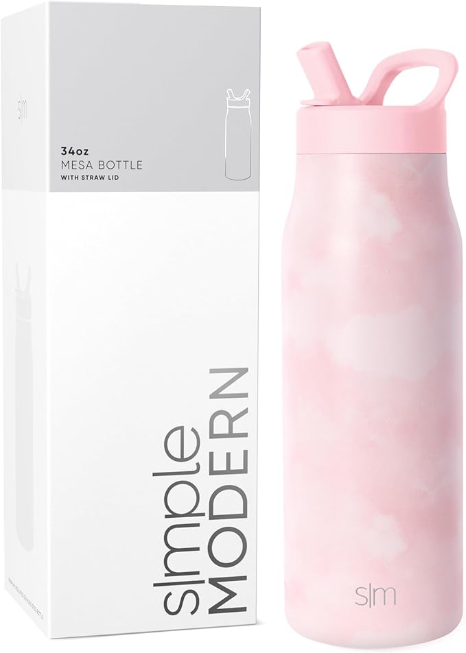 Simple Modern Water Bottle with Straw lid | Insulated Stainless Steel Thermos | Reusable Travel Water Bottles for Gym & Sports | Leak Proof & BPA Free | 34oz, Blush Tie Dye