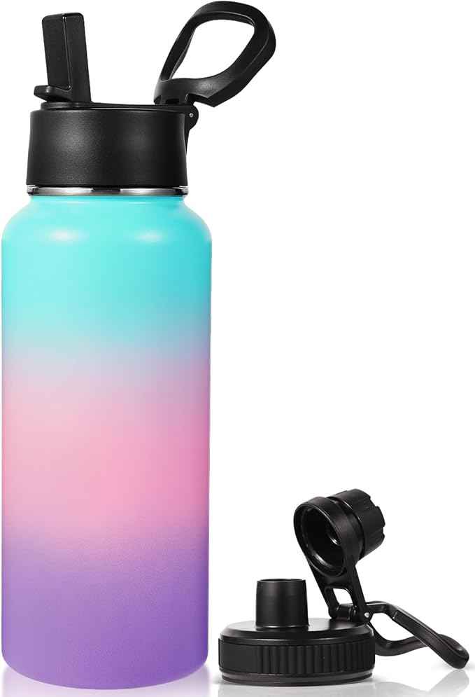 Neihepal 32 oz Insulated Water Bottle with 2 Lids (Straw & Spout Lid), 18/8 Stainless Steel Double Wall Water Bottles for Gym, Travel, Camping, Sports (Gradient Color,1Pack)