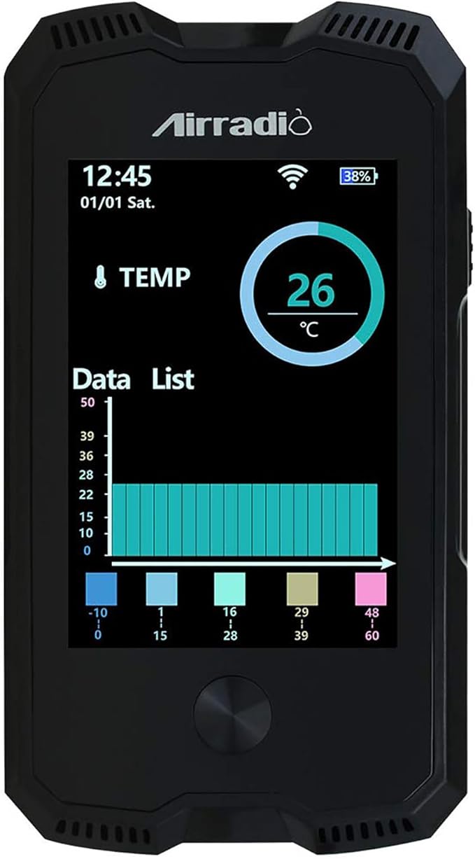 AirRadio Air Quality Monitor Meter A6 Carbon Dioxide Detector Air Quality Pollution Tester for CO2 PM2.5 PM10 Temp Humidity in Indoor Air Quality Meter with Electrochemical Sensor,Black