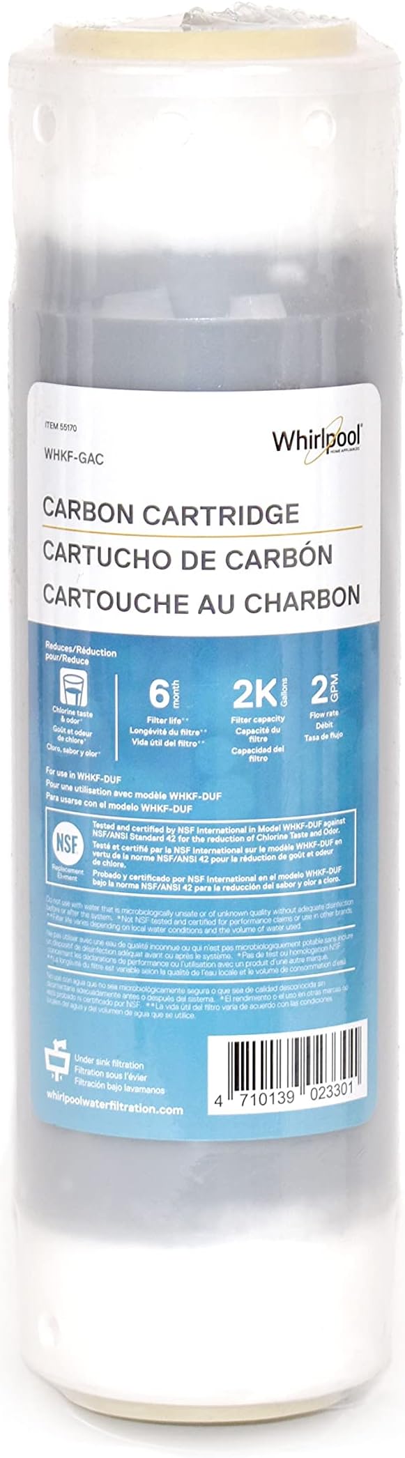 Whirlpool Granular Activated Carbon 10" x 2.5" Replacement Water Filter WHKF-GAC, Reduces Chlorine, Bad Taste & Odor, Use with Home Under Sink Drinking Water Filtration or Reverse Osmosis System