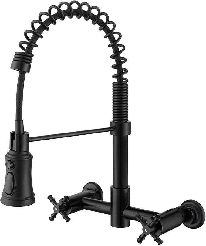 Wall Mount Kitchen Faucet, 8 Inch Center Wall Mount Faucet with Pull Down Sprayer, Commercial Spring Wall Faucet for Kitchen Sink, 3 Functions, Dual Handle, 304 Stainless Steel, Matte Black