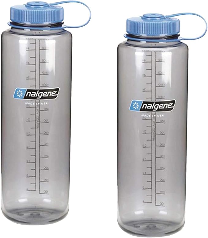 Nalgene Silo 48oz Tritan Grey W/Blue Top Wide Mouth Bottle, 2 Bottle Pack, 11.3 Inches Tall by 3.5 Inches in Diameter