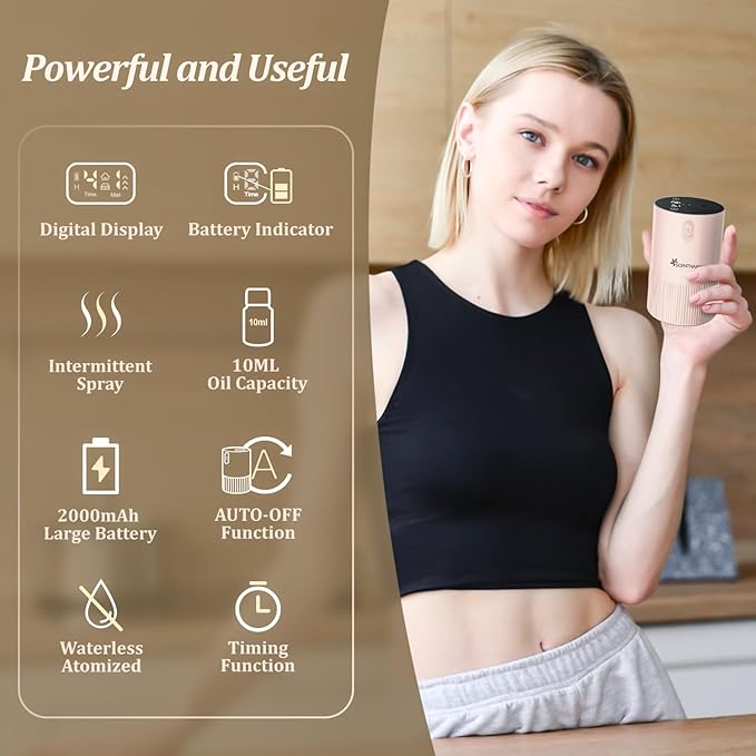 Waterless Diffuser for Essential Oil - Aromatherapy Diffuser for Home with Battery Indicator, Portable Scent Air Machine 1/2/3&Continuous Mist,Timer Function,500Sq.Ft Scent Coverage (Cream Pink)