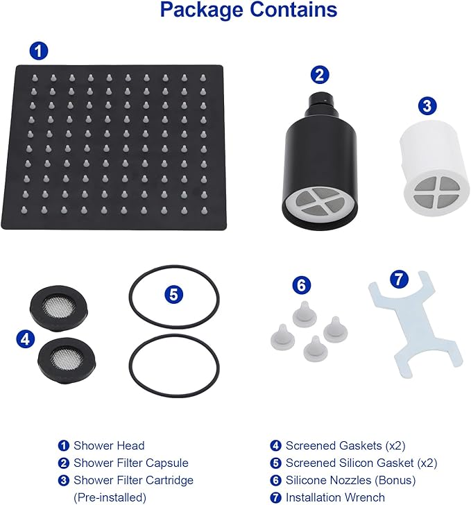 Dcolora Filtered Rain Shower Head – 10 Inch Matte Black 304 Stainless Steel with 16-Stage Water Filter, Nano Titanium Coating, Improves Skin & Hair – Filter Cartridge Included (Black, 8 Inch)