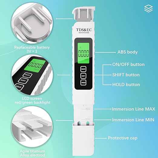 4 in 1 Digital Water Tester for Drinking Water - Accurate and Reliable TDS EC & Temperature(°C/°F) Meter - 0-9999 ppm - for Drinking Water, Aquarium, Hydroponics, Pool, Etc