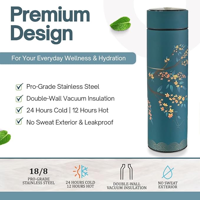 Farasi Tea Infuser for Loose Leaf Tea Smart Water Bottle with Temperature Display, Stainless Steel Insulated Coffee and Fruit Tea Infuser Bottle - Green Floral Travel Tea Mugs 15 oz