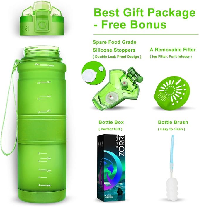 ZORRI Sports Water Bottle, 400/500/700ml/1L, BPA Free Leak Proof Tritan Lightweight Bottles for Outdoors,Camping,Cycling,Fitness,Gym,Yoga- Kids/Adults Drink Bottles with Filter, Lockable Pop Open Lid