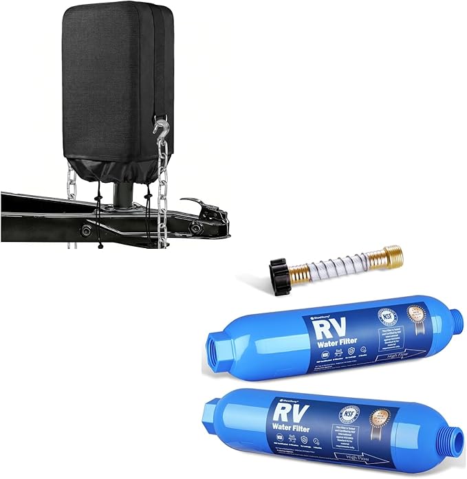 SheeChung RV Electric Jack Cover, 600D Universal Trailer Tongue Jack Cover with D Rings & RV Water Filter 2Pack with Flexible Hose Protector, NSF Certified, Inline Hose Water Filter for RV, Boat