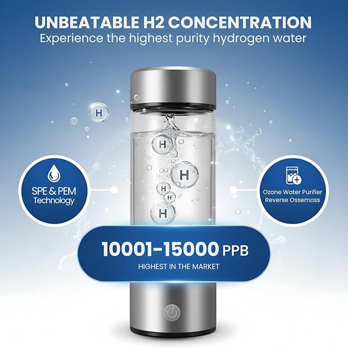Hydrogen Water Bottle, Portable & Rechargeable – Molecular Hydrogen Water Generator, Alkaline Ionizer, Hydrogenated Water Purifier for Health & Fitness with Hydrogen-Rich Water Silver