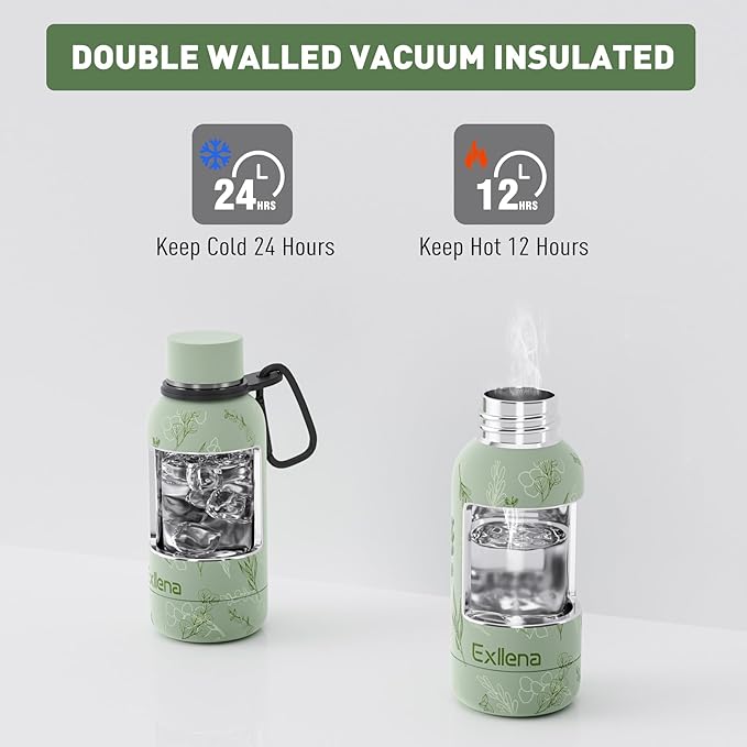 Exllena Small Water Bottle 12oz with Clip, Double Wall Stainless Steel Vacuum Small Insulated Water Bottle Keeps Drinks Cold 24 Hrs/Hot 12 Hrs for Kids Handbag School BPA Free (Floral)