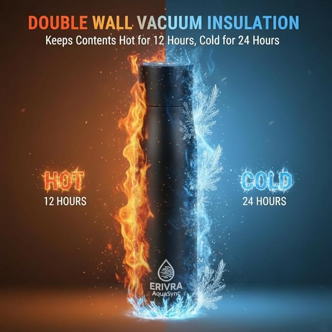 AquaSync Smart Self-Cleaning Water Bottle 17oz Vacuum Insulated Stainless Steel with UV-C Light Technology LED Temperature Display & USB-C Rechargeable Battery