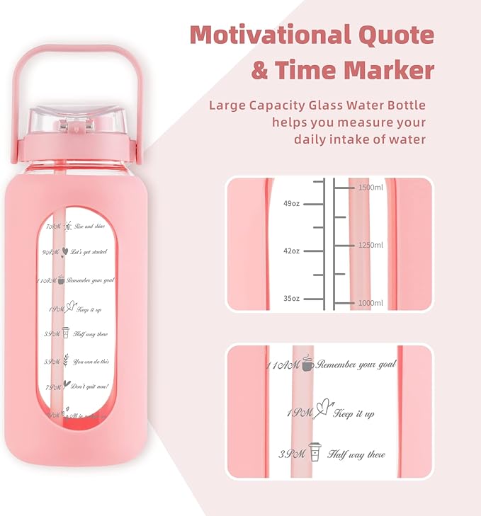 SIEROZUR 64 oz Glass Water Bottle with Straw and Handle Lid Half Gallon Motivational Glass Bottle with Silicone Sleeve and Time Marker Large Reusable Sports Water Jug for Gym Home Workout