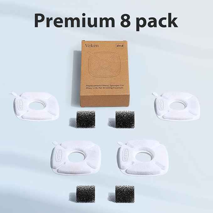 Veken Cat Water Fountain Filter, Classic 4 Pack Replacement Filters & 4 Pack Replacement Pre-Filter Sponges for 50oz, 84oz, 95oz Automatic Pet Fountain Dog Water Dispenser - AquaVibe