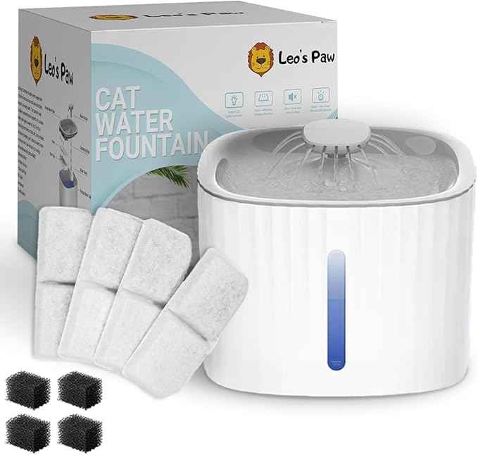 Leo's Paw Cat Water Fountain 84oz/2.5L Automatic Water Dispenser w/LED Light & Water Level Window Triple Charcoal Filter Quiet & Peaceful Flow Tilted Design for Easy Drinking (Fountain + 4 Filters)