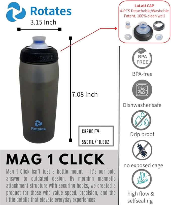Rotates Cycling Magnetic Water Bottle with Bike Mount, 18oz 550ml, Leak-Proof, Washable Removable Push-Pull Cap, Cage-Free, Silicone Valve Strong Flow, Perfect for Outdoors, Cycling, MTB & Sports