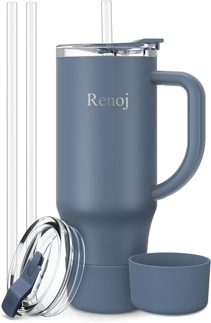 Renoj Tumbler with Handle 100% Leak Proof Insulated Water Bottle for Iced Coffee & Hot Drinks - Fits Car Cup Holder, Ideal Gift, 2 Straws & Silicone Boot BPA-Free - SnapShift Navy Blue 40 oz