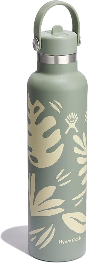 Hydro Flask Water Bottle - Insulated Stainless Steel - Straw Lid, Non Spill, Leakproof 24 Oz Botanical Bliss Green
