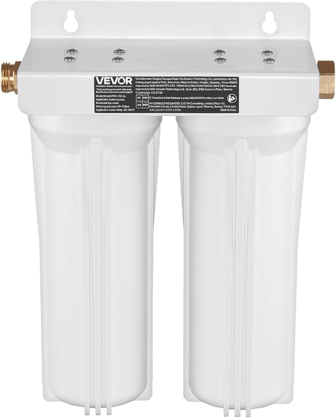 VEVOR RV Water Filter, 2-Cartridge 2.5 x 10 in Water Filter System for RV, Remove Sediments, Chlorine, Bad Tastes, Odors, and Most Contaminants, RV Filter for Campers, Boats, Vans