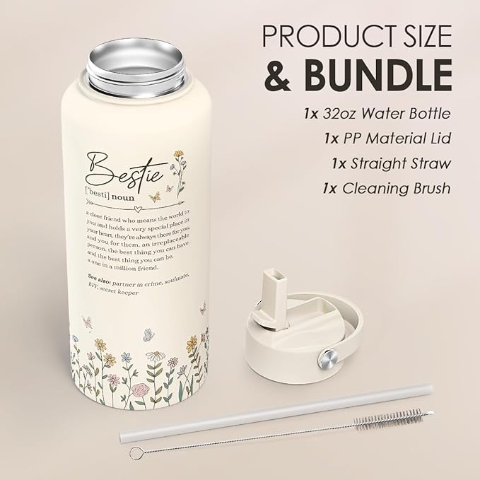 Best Friend Water Bottle 32oz Stainless Steel with Lid & Straw, Bestie Insulated Bottles for Women Girls Female Friends Sisters, Gifts Ideas for Birthday Christmas