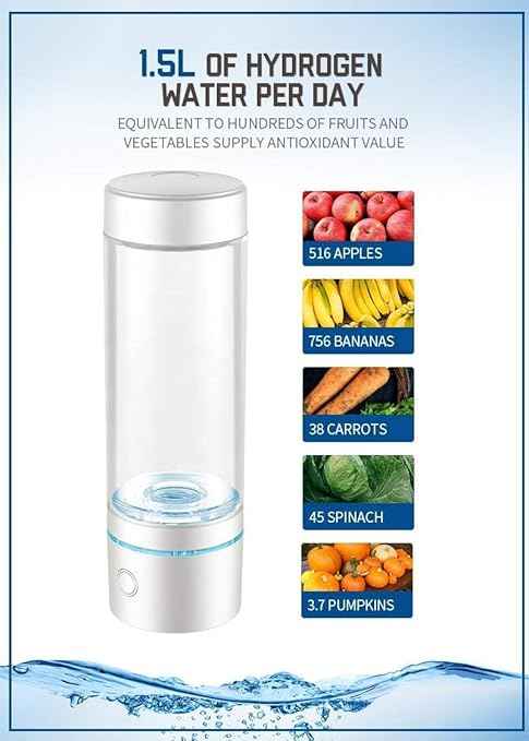 Hydrogen Water Bottle 2024 – SPE/PEM Technology Generating Up to 3000ppb Hydrogen-Rich Ionized Water for Antioxidant and Health Benefits – Environmentally Friendly PC and Glass - White