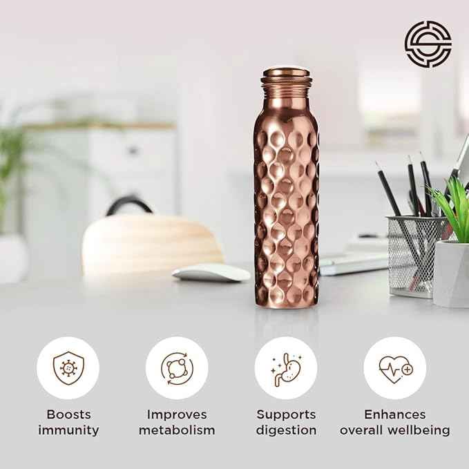 Honeycomb Copper Water Bottle- 1 litre/34 oz, Pure Copper bottle with Leak Proof cap, Honeycomb finish, Lacquer coated, Health Benefits/Yoga Bottle