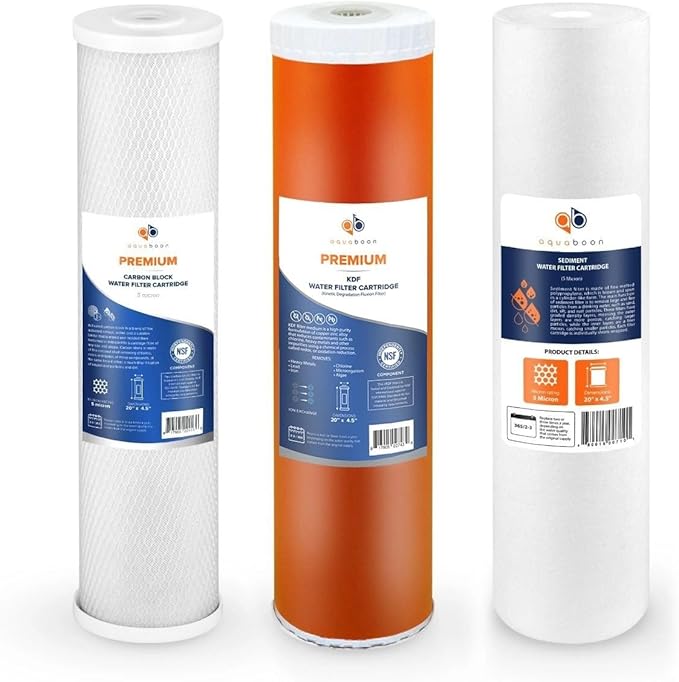 Aquaboon 5 Micron 20 x 4.5 Whole House Water Filter Replacement Cartridge Set: CTO, KDF, Sediment for 3-Stage Water Filtration System 1 Pack